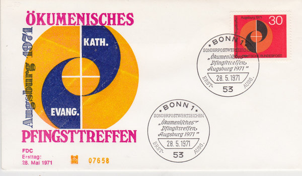 BUND 679 Ersttagsbrief FDC <Ökumenisches Pfingsttreffen> Ersttags-Sonderstempel Bonn 28-05-1971