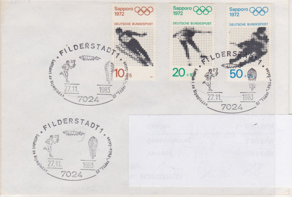 BUND 680, 681, 683 Standardbrief <Olympiade Sapporo 1972> mit Sonderstempel Filderstadt 27-11-1983