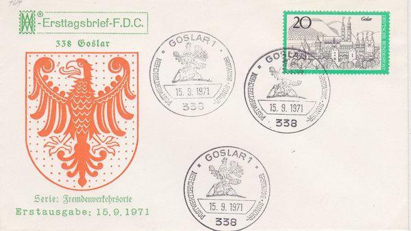 BUND 704 Ersttagsbrief FDC <Fremdenverkehr> mit Ersttags-Sonderstempel Goslar vom 15-09-1971