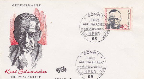 BUND 738  Ersttagsbrief FDC <Kurt Schumacher > mit Ersttags-Sonderstempel Bonn vom 18-08-1972