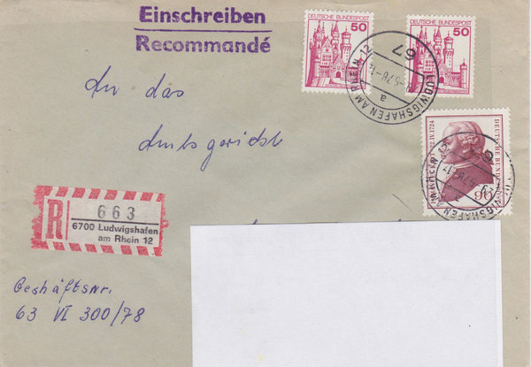 BUND 806, 916 (2x) Einschreibebrief <Immanuel Kant ua> Tagesstempel Ludwigshafen vom 29-05-1978