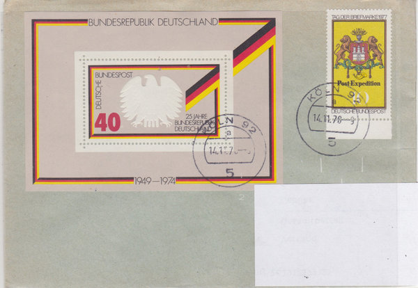 BUND 807, 948 Standardbrief <25 Jahre Bundesrep. Deutschland ua> Tagesstempel Köln vom 30-10-1975