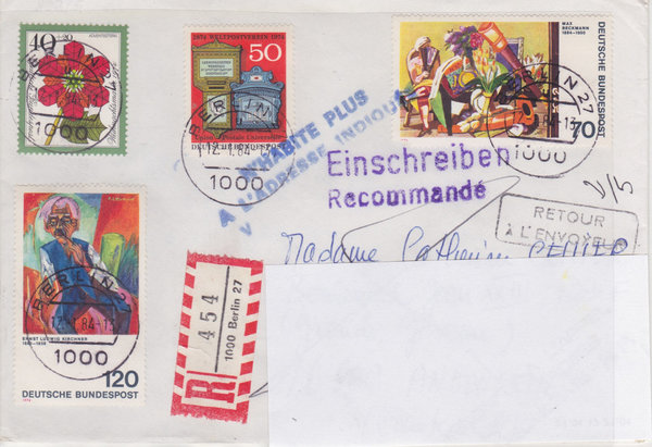 BUND 822-825 Einschreibebrief <Deutscher Expressionismus ua> Tagesstempel Berlin 27 vom 12-01-1984