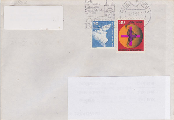BUND 545, 852 Standardbrief <Kath. Hilfsaktion, ADVENIAT ua> Tagesstempel Heidelberg vom 04-11-1991