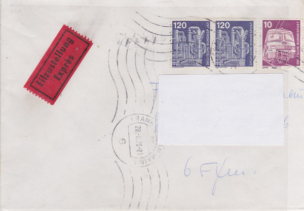 BUND 847, 855 (2x) Expressbrief <Industrie und Technik> Tagesstempel Frankfurt a/M vom 28-06-1978
