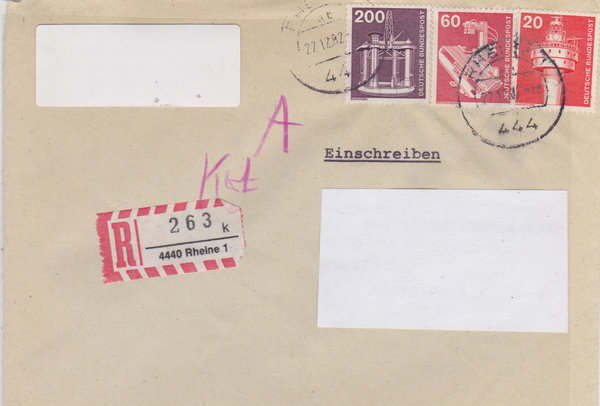 BUND 848, 858, 990 Einschreibebrief <Industrie + Technik ua> mit Tagesstempel Rheine vom 22-12-1982