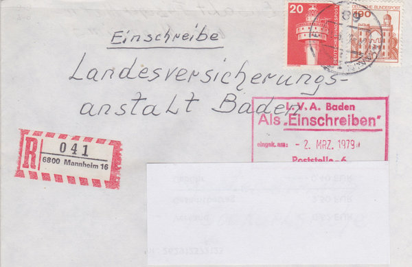 BUND 848, 919 Einschreibebrief <Industrie + Technik ua> mit Tagesstempel Mannheim vom 28-02-1979