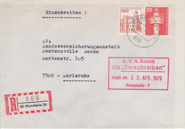 BUND 848, 919 Einschreibebrief <Industrie + Technik ua> mit Tagesstempel Mannheim vom 27-04-1979