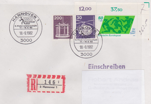 BUND 849, 858 ua Einschreibebrief <Industrie + Technik ua> mit Sonderstempel Hannover vom 18-09-1982