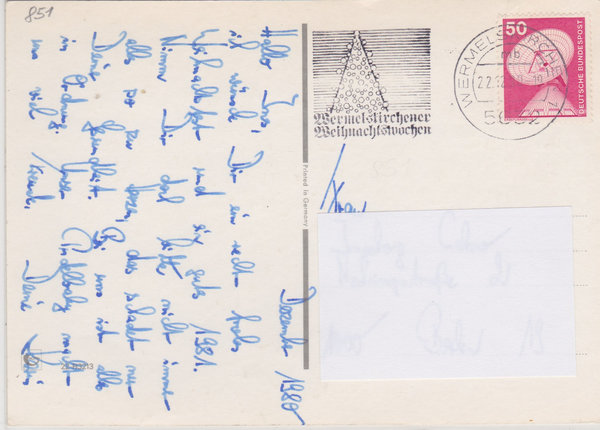 BUND 851 Standard-Postkarte <Industrie+Technik> mit Tagesstempel Wermelskirchen vom 22-12-1980