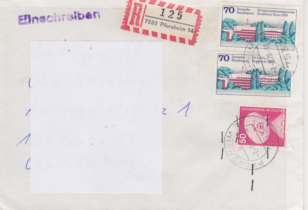 BUND 851, 976 (2x) Einschreibebrief <Industrie+Technik ua> mit Tagesstempel Pforzheim vom 07-05-1978