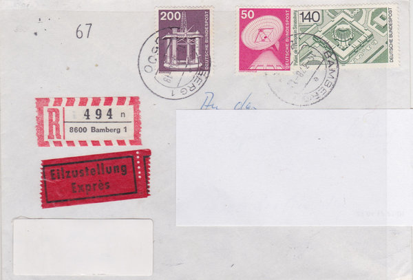BUND 851, 858, 921 Express-Einschreibebrief <Industrie+Technik> Tagesstempel Bamberg vom 15-03-1978