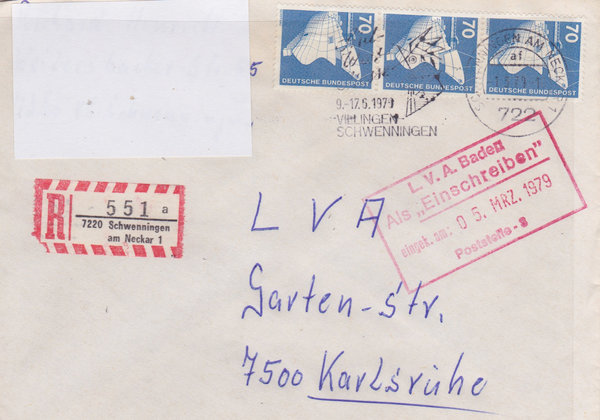 BUND 852 (3x) Einschreibebrief <Industrie+Technik> mit Tagesstempel Schwenningen vom 01-03-1979