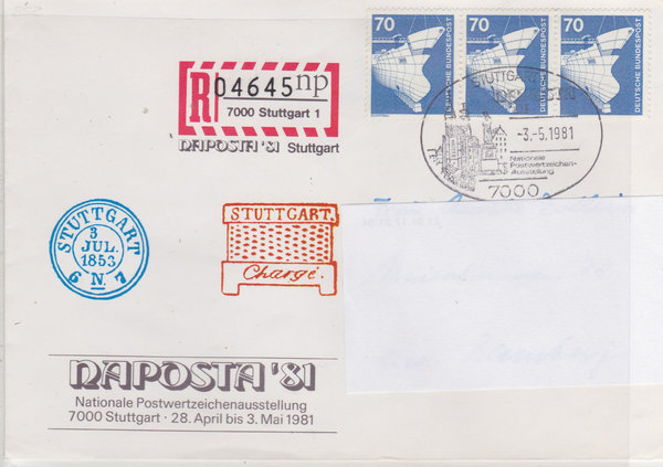 BUND 852 (3x) Einschreibebrief <Industrie+Technik> mit Sonderstempel Stuttgart vom 03-05-1981