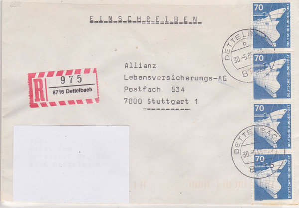 BUND 852 (4x) Einschreibebrief <Industrie+Technik> mit Tagesstempel Dettelbach vom 30-05-1985
