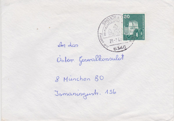 BUND 853 Standardbrief <Industrie + Technik> mit Tagesstempel Simbach am Inn vom 28-07-1982