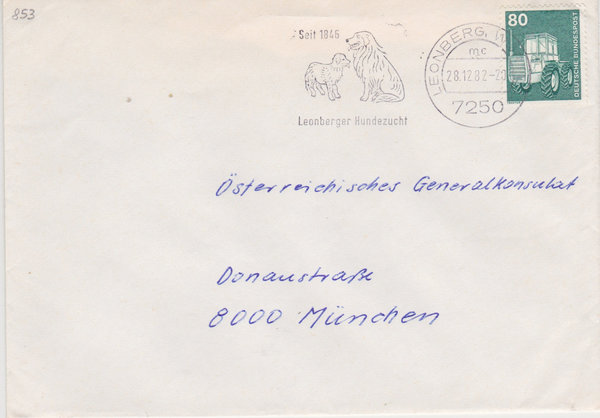 BUND 853 Standardbrief <Industrie + Technik> mit Tagesstempel Leonberg Württ. vom 28-12-1982