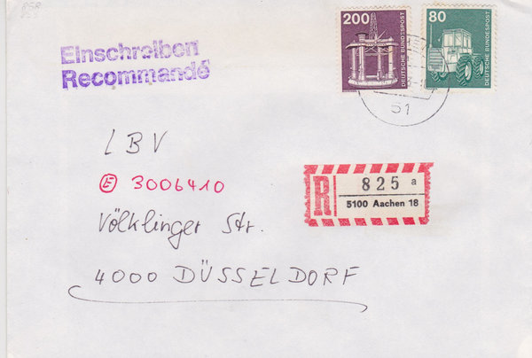 BUND 853, 858 Einschreibebrief <Industrie + Technik> mit Tagesstempel Aachen vom 31-12-1983