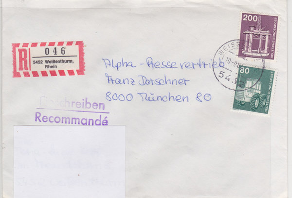 BUND 853, 858 Einschreibebrief <Industrie + Technik> mit Tagesstempel Weißenthurm vom 19-09-1984