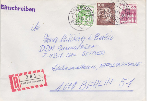 BUND 854, 1028, 1038 Einschreibebrief <Industrie + Technik ua> Tagesstempel Bad Nauheim 03-04-1982