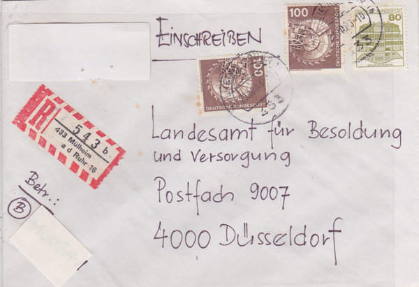 BUND 854 (2x), 1140 Einschreibebrief <Industrie + Technik ua> mit Tagesstempel Mülheim 29-10-1983