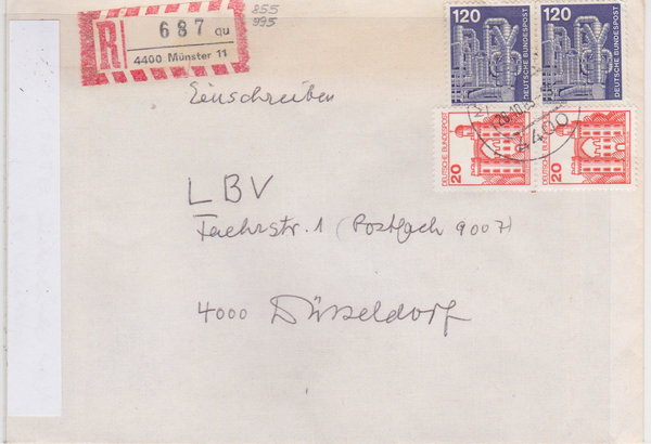 BUND 855 (2x), 995 (2x) Einschreibebrief <Industrie + Technik> Tagesstempel Münster vom 28-10-1983