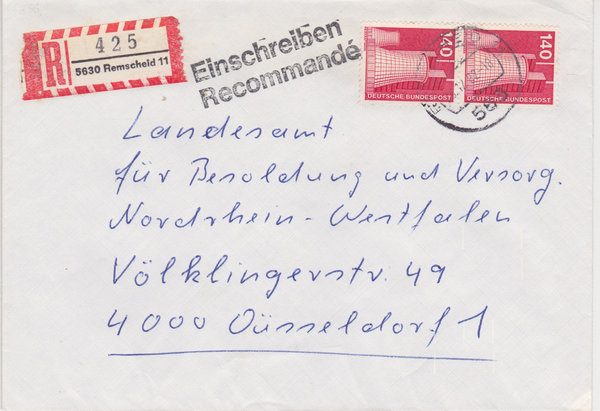 BUND 856 (2x) Einschreibebrief <Industrie + Technik> mit Tagesstempel Remscheid vom 23-12-1982