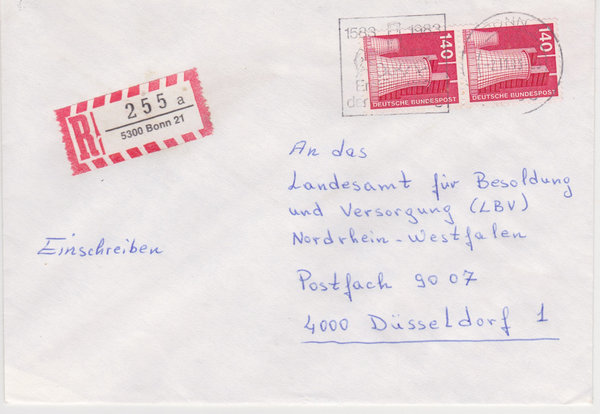 BUND 856 (2x) Einschreibebrief <Industrie + Technik> mit Tagesstempel Bonn vom 02-11-1982