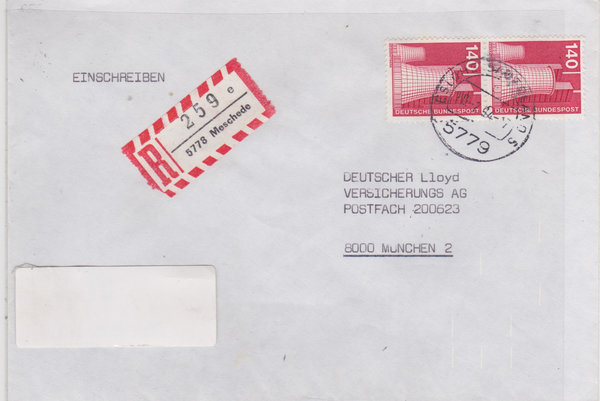 BUND 856 (2x) Einschreibebrief <Industrie + Technik> mit Tagesstempel Eslohe, Sauerland 20-02-1984