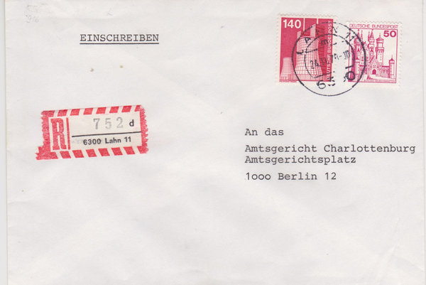 BUND 856, 916 Einschreibebrief <Industrie + Technik> mit Tagesstempel Lahn 11 vom 24-11-1978