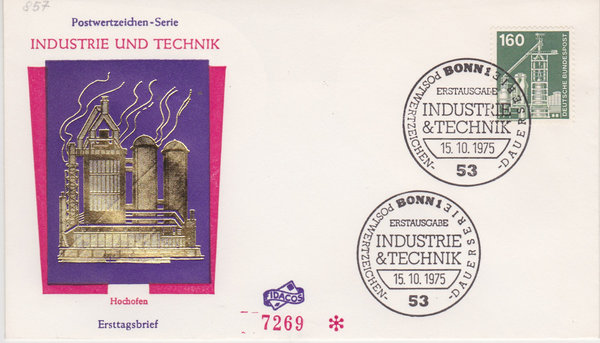 BUND 857 Ersttagsbrief (FDC) <Industrie + Technik> mit Ersttags-Sonderstempel Bonn vom 15-10-1975