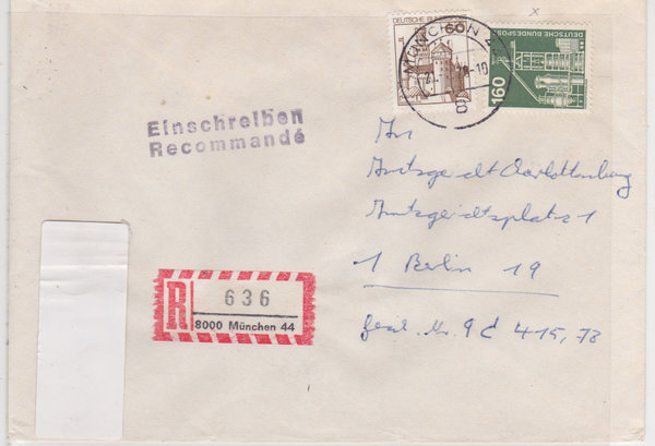 BUND 857, 917 Einschreibebrief <Industrie + Technik> mit Tagesstempel München 44 vom 21-11-1978