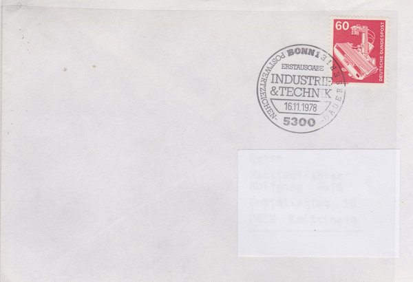 BUND 990 Ersttagsbrief <Industrie + Technik> mit Ersttags-Sonderstempel Bonn 1 vom 16-11-1978