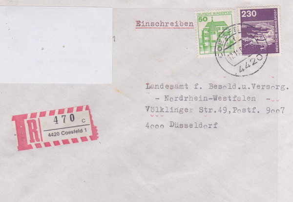 BUND 994, 1038 Einschreibebrief <Industrie + Technik ua> mit Tagesstempel Coesfeld vom 17-12-1983