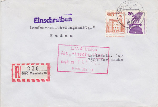 BUND 696, 919 Einschreibebrief <Unfallverhütung ua> mit Tagesstempel Mannheim vom 25-04-1979