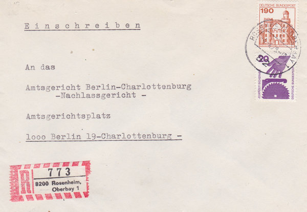 BUND 696, 919 Einschreibebrief <Unfallverhütung ua> Tagesstempel Rosenheim-Oberbay vom 04-04-1979
