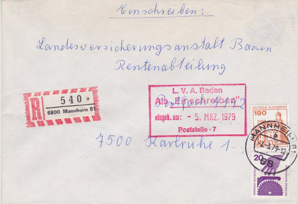 BUND 696, 919 Einschreibebrief <Unfallverhütung ua> mit Tagesstempel Mannheim vom 02-03-1979