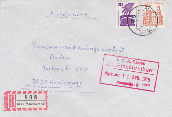 BUND 696, 919 Einschreibebrief <Unfallverhütung ua> mit Tagesstempel Mannheim vom 09-04-1979
