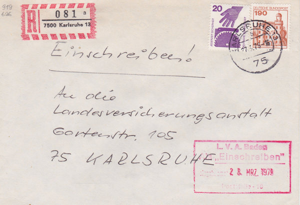 BUND 696, 919 Einschreibebrief <Unfallverhütung ua> mit Tagesstempel Karlsruhe vom 27-03-1979