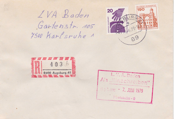 BUND 696, 919 Einschreibebrief <Unfallverhütung ua> mit Tagesstempel Augsburg vom 05-06-1979