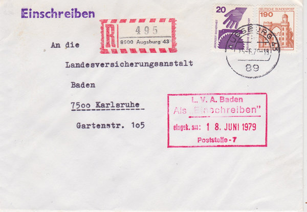 BUND 696, 919 Einschreibebrief <Unfallverhütung ua> mit Tagesstempel Augsburg vom 15-06-1979