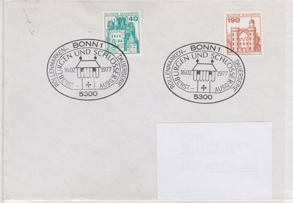 BUND 915, 919 Ersttags-Einschreibebrief <Burgen und Schlösser> Sonderstempel Bonn vom 16-02-1977