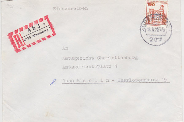 BUND 919 Einschreibebrief <Burgen und Schlösser> mit Tagesstempel Ahrensburg vom 25-05-1978