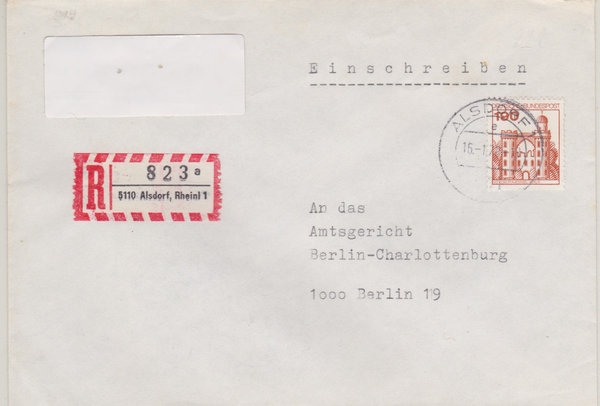 BUND 919 Einschreibebrief <Burgen und Schlösser> mit Tagesstempel Alsdorf, Rheinl. vom 16-01-1978