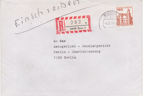 BUND 919 Einschreibebrief <Burgen und Schlösser> mit Tagesstempel Bonn 1 vom 04-12-1978