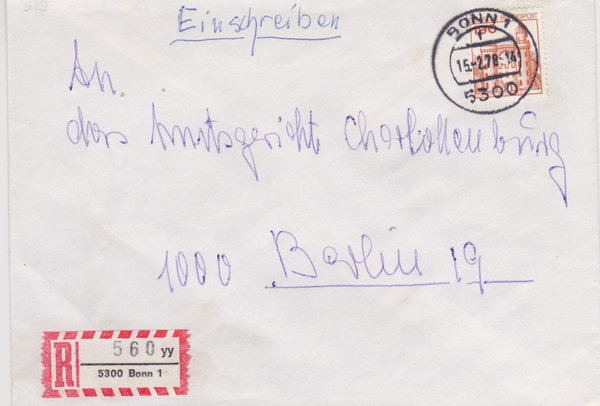 BUND 919 Einschreibebrief <Burgen und Schlösser> mit Tagesstempel Bonn 1 vom 15-02-1978