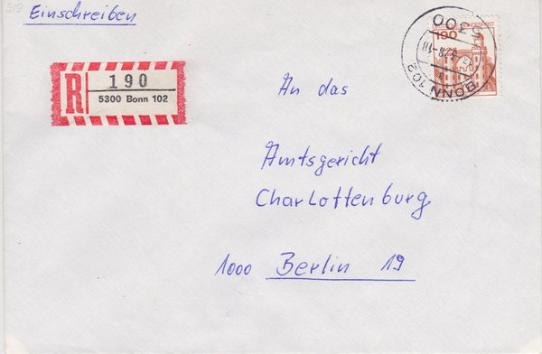 BUND 919 Einschreibebrief <Burgen und Schlösser> mit Tagesstempel Bonn 102 vom 03-03-1978
