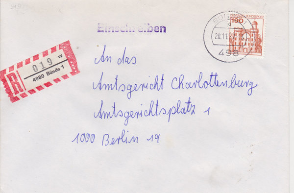 BUND 919 Einschreibebrief <Burgen und Schlösser> mit Tagesstempel Bünde 1 vom 28-11-1977