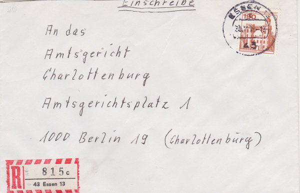 BUND 919 Einschreibebrief <Burgen und Schlösser> mit Tagesstempel Essen 13 vom 30-11-1978