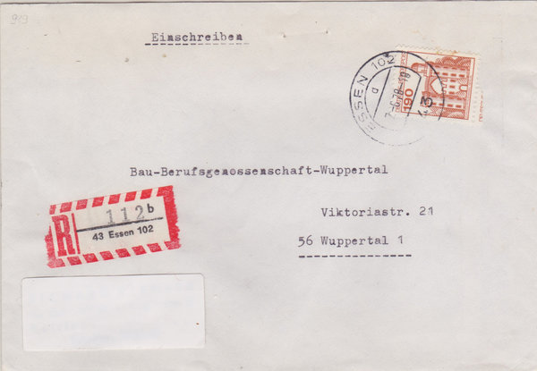 BUND 919 Einschreibebrief <Burgen und Schlösser> mit Tagesstempel Essen 102 vom 02-06-1978